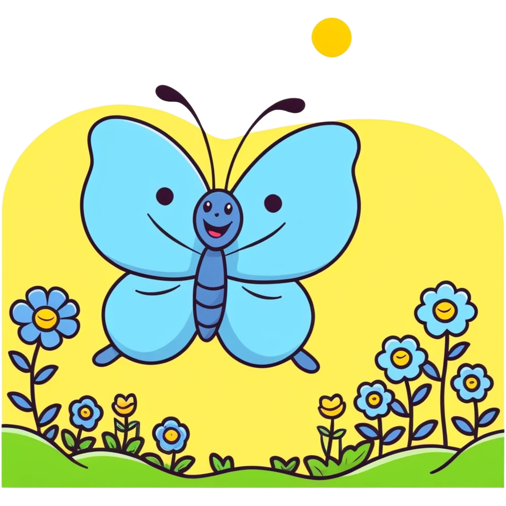 Happy blue butterfly with a big smile flying in a spring meadow with blooming flowers emoji