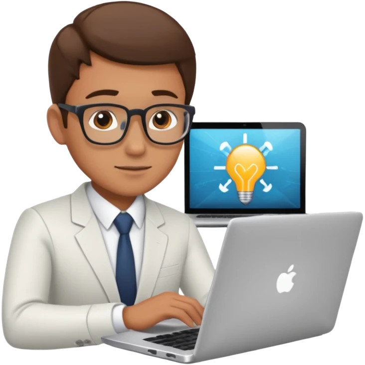 bussiness man technologist working on a laptop watching graphics emoji