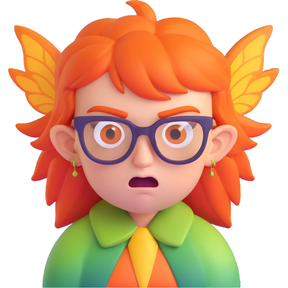angry fairy with orange hair and big squared glasses emoji