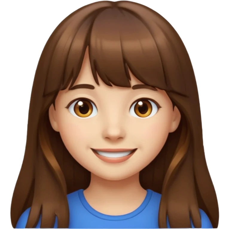 girl emoji style, long brown hair with bangs, brown eyes emoji