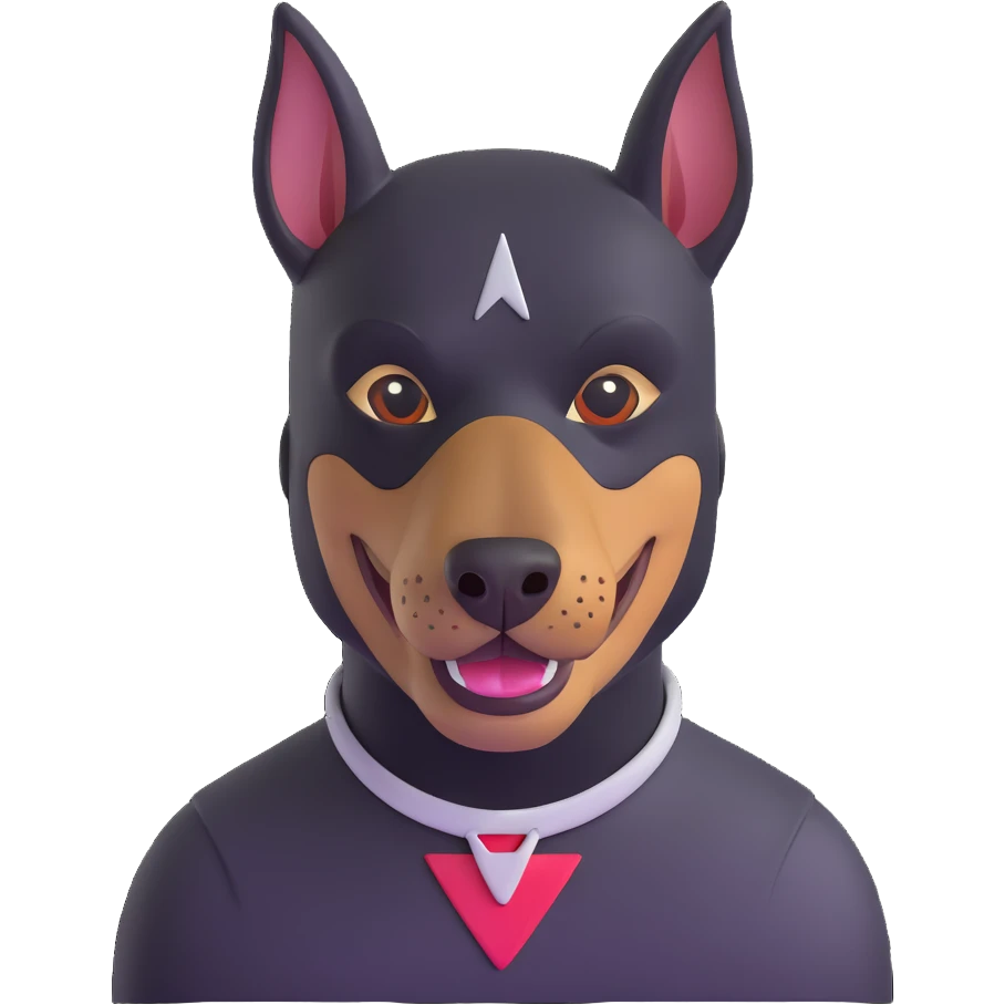 Doberman with a bandit mask and a cheeky grin emoji