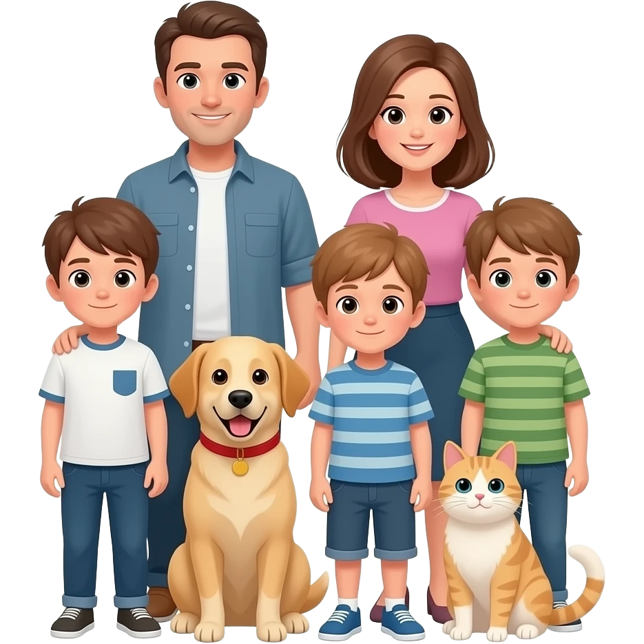 family, dad has brown hair. mom has brown shoulder length hair, two kids (boys) both with light brown hair. a tan dog, a cream dog, and a cream cat. emoji