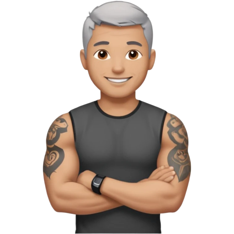 un homme de 35 ans, cheveux très court gris, qui sourit, musclé avec le bras droit tatoué et un tee shirt noir emoji