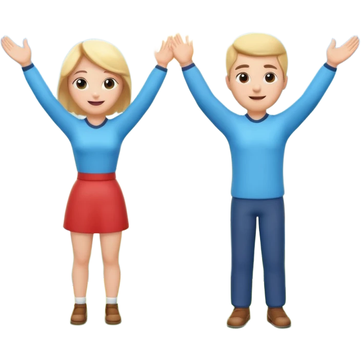 A 3D cartoon couple on top of a hill raising hands in victory, sunny sky and nature background, Memoji-style. emoji