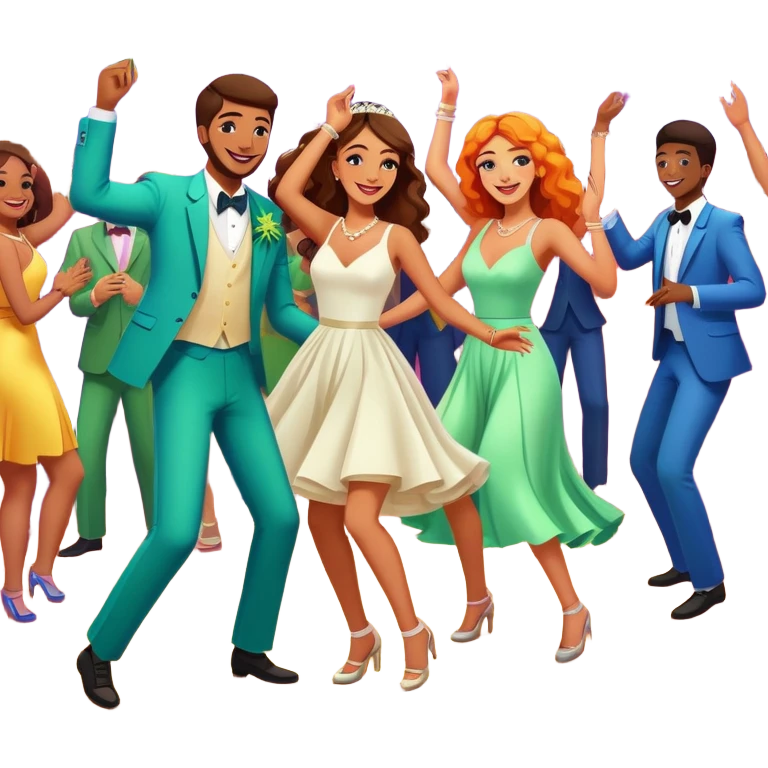 Wedding guests dancing on dance floor with cannabis, colorful party atmosphere, disco lights, cheerful cartoon style emoji