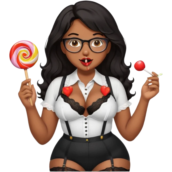 Curvy woman with brown skin with long wavy black hair, brown eyes. Glasses, She's wearing a tight white shirt showing cleavage, black lace thong, black stockings and suspender belt, she has her tongue out and she's licking a lolly pop emoji