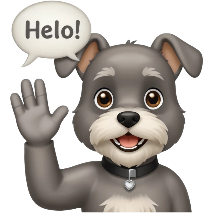 Happy Schnauzer waving hello. A speech bubble with HELLO emoji