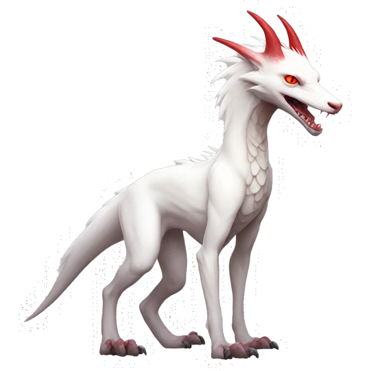 White albino sergal-vernid with red mane and red eyes, full body emoji