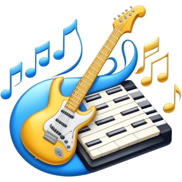 Create an elegant and dynamic emoji that represents music arrangement and orchestration. The design should feature musical notes, a synthesizer, drums, and an electric guitar, symbolizing the diverse instruments used in arranging and orchestrating music. Incorporate flowing lines to represent harmony and rhythm, with a subtle representation of sheet music. Use a combination of vibrant and classic colors like electric blue, gold, and silver, blending the electronic and traditional aspects of arrangement. The background should be transparent. emoji