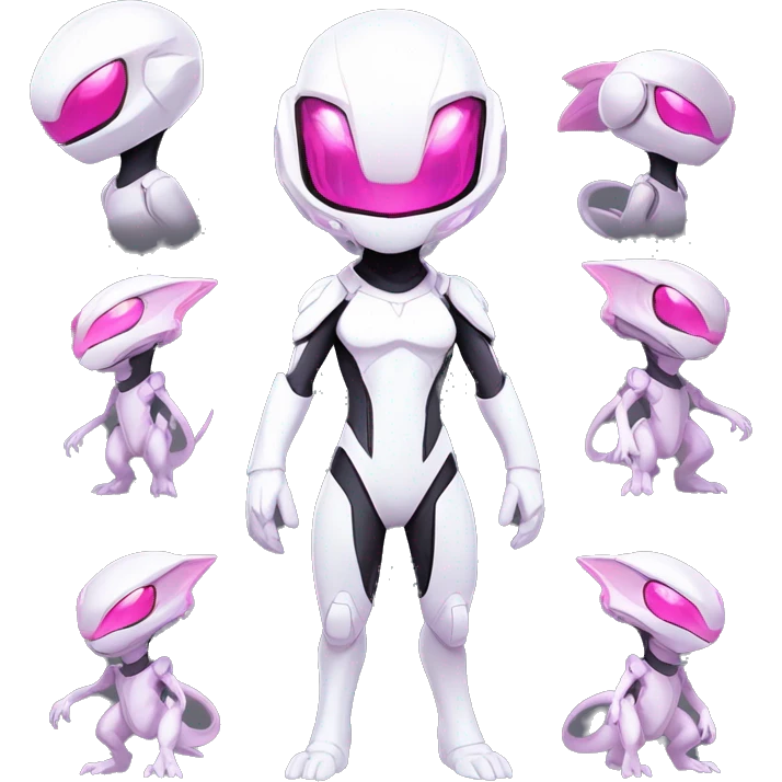 White, Chibi-style, White body, Anthro-Sona-Lizard-Alien-Salazzle-Mew-Mewtwo-Fakémon, with pink eyes, with a futuristic visor-helmet, wearing a techwear-suit, Full Body emoji