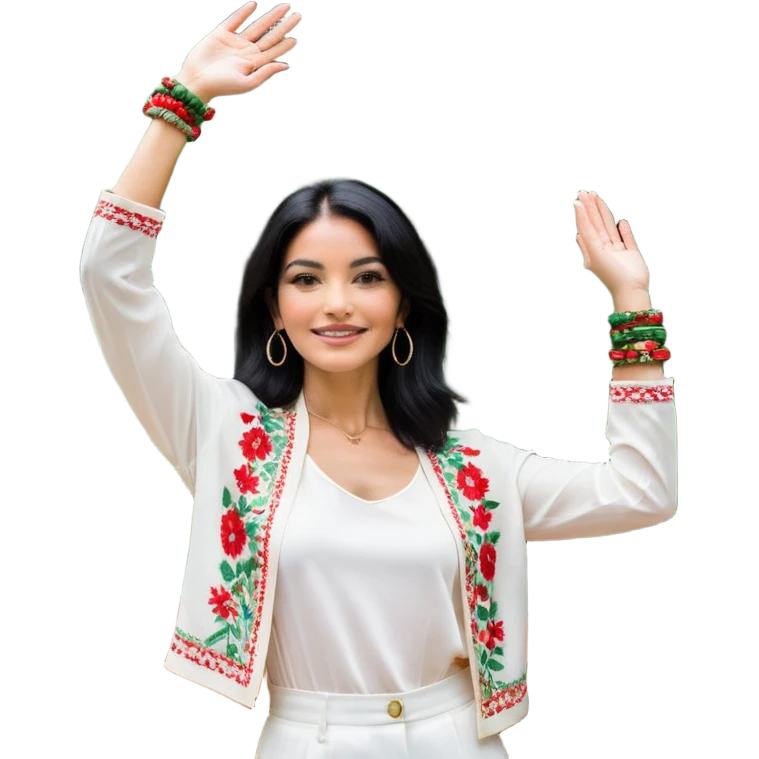 a woman with shoulder-length black hair is posing with a slightly smiling facial expression and hands raised to the side in a "I don't know" or "I see" gesture. She is wearing a white outfit with red and green floral prints, and accessories such as bracelets and earrings.

The backdrop is a building with black-framed and glass windows that reflect the trees outside. There are also wooden chairs with iron on the left and right sides of the picture. At the top, an air-conditioning unit mounted on the wall can be seen. Natural light illuminates her face quite well, giving the photo a relaxed and natural feel. emoji