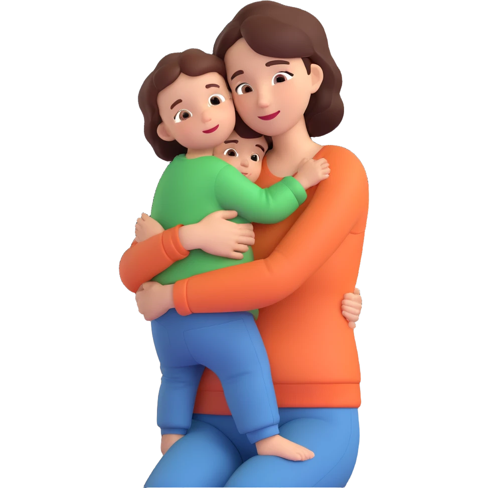 A warm and caring mother figure hugging her child, wearing casual clothes, indoors, cozy atmosphere emoji
