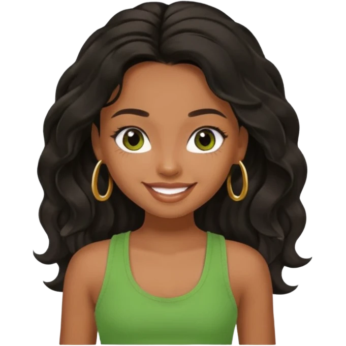 a pretty bratz brown girl with long wavy black color hair, brown eyes and green tank who is smiling emoji