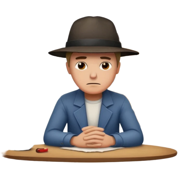 apple style emoji of a man sitting sadly at a table, a house burning behind him emoji