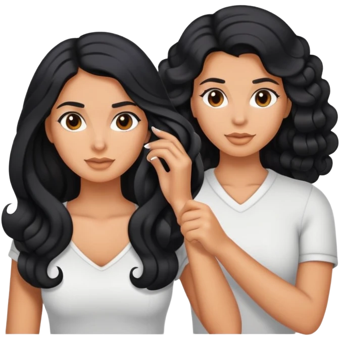 tanned woman with long black hair curling her hair, getting ready emoji