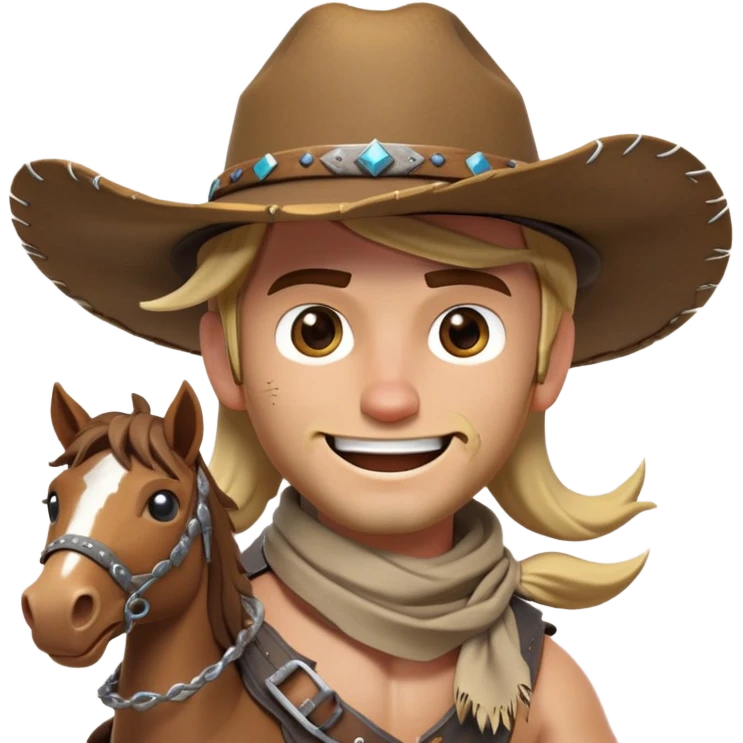 clash-of-clans-aesthetic_-cinematic-playful-cowboy-portrait-emoji, head-tilted with a roguish, cheeky grin and twinkling eyes, featuring a wide-brimmed cowboy hat and a weathered bandana on tan skin, riding a powerful galloping horse with dynamic flowing mane, reins gripped firmly in one hand and a lasso in the other, as dust swirls behind them in a vast desert landscape. emoji