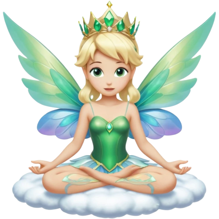 Isolated, 3D rendering, Tinkerbell wuth futuristic ultra detailed iridescent wings, full body view, center of image, sitting on a fluffy white cloud, blonde beautiful hair, tiara head piece, emerald green blue eyes, still life,  futuristic vivid colors emoji