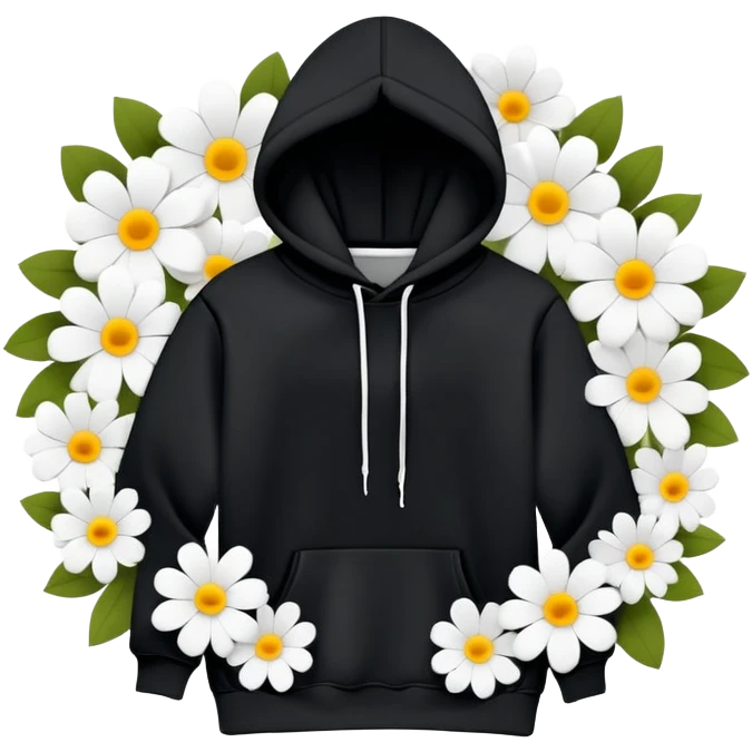 "Design a black hoodie adorned with scattered, medium-sized black and white flowers. Each flower should consist of a bold, thick white ring forming the petals, with a completely hollow center, creating an open, circular look. The flowers should have an irregular, asymmetrical shape and be evenly distributed across the hoodie, including the sleeves and hood. Keep the design minimalistic—no detailed petals, shading, or filled centers, just simple, bold, hollow ring-like floral patterns." emoji