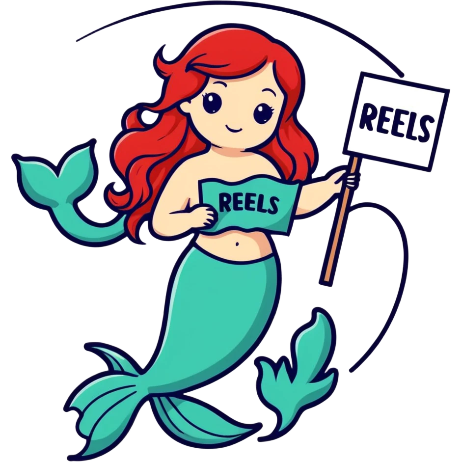 mermaid with red hair holds a sign with the word reels emoji