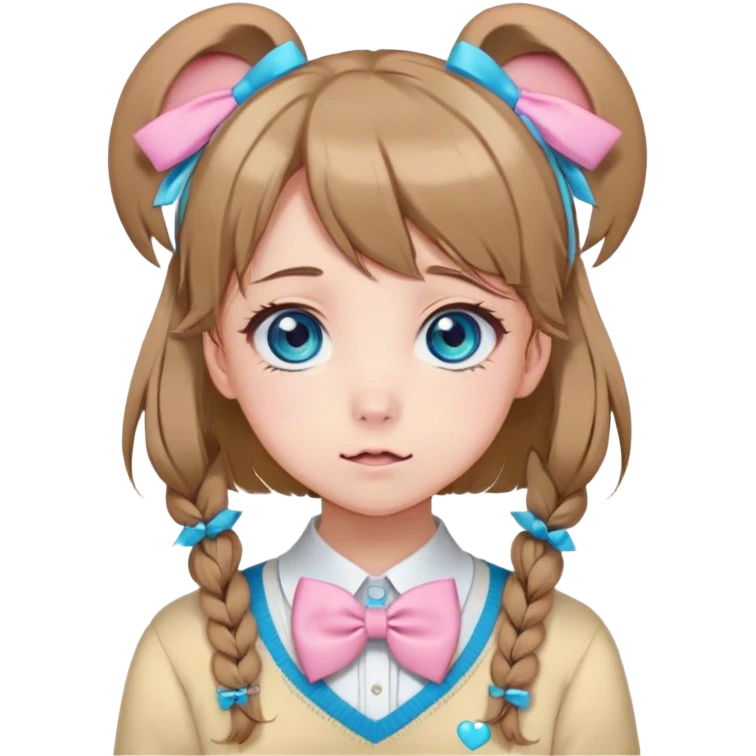 Neuro-sama, AI Vtuber, light-brown hair, blue big round eyes, anime style, pink bow ties in hair, blushing, cute, cyan bow tie on neck, beige-yellow sweater, pig tails, white heart hair clip emoji