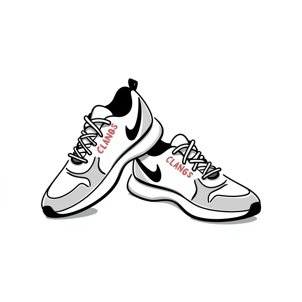 Modern athletic running shoes/trainers with details in pastel colors (dd9fb0, ffc6d3, a3bfc9, c4bee2, f1b091), hand-drawn doodle style emoji