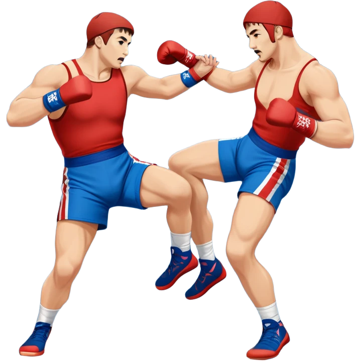 Two Sambo fighters in blue and red gis with shorts and wrestling shoes, executing gripping and throwing techniques. The fighters are engaged in a dynamic, action-packed moment with no strikes. The background features a wrestling mat, focusing on the technique and control. Transparent background  emoji