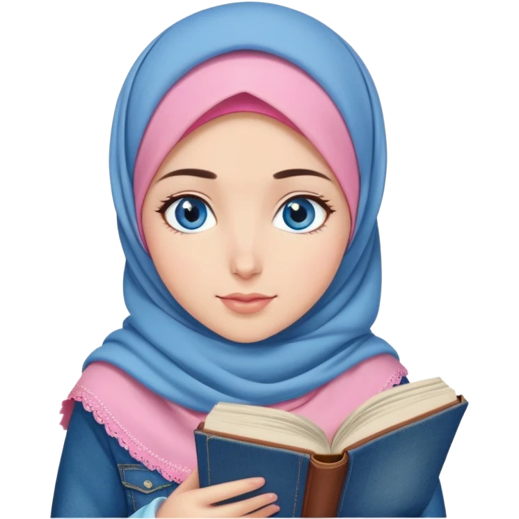 Turkish beautiful finish Konya girl blue eyes with denim and pink hijab islamic dress and reading cozy emoji