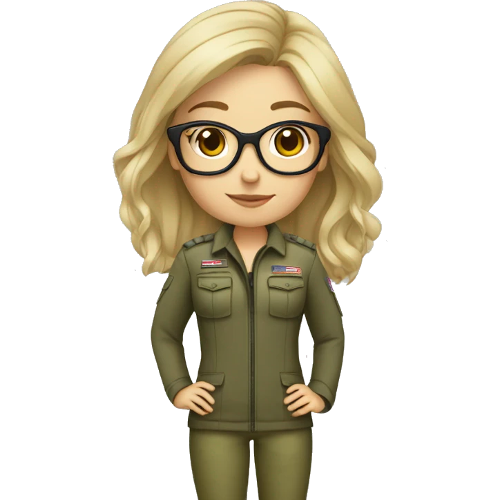 girl, 30 year, blondish/greyish, glasses with small frame, full body, army, with dog emoji