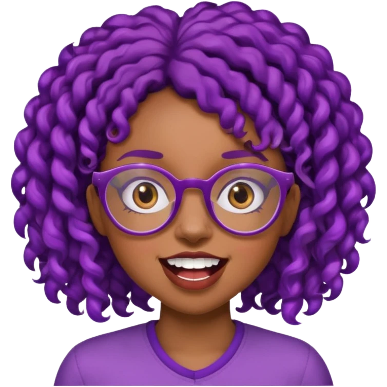 nerd emoji like with glasses showing only her 2 buck teeth but it’s a black girl with purple black curly hair face up only emoji