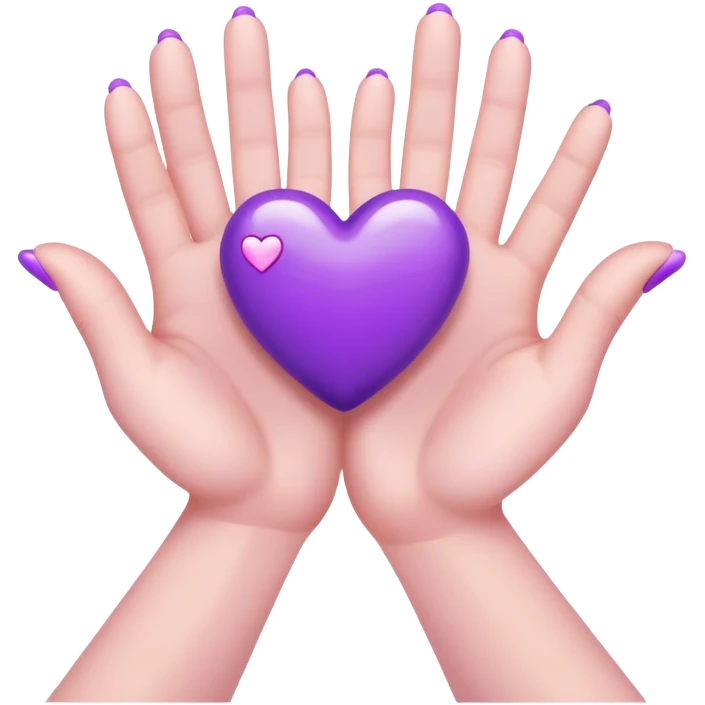 White skin hands with 5 fingers each are holding a violate heart emoji