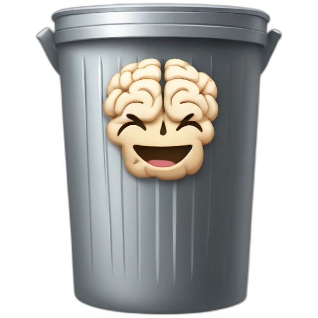 a trash can with brain instead of the lid, smiling face on the trash can emoji