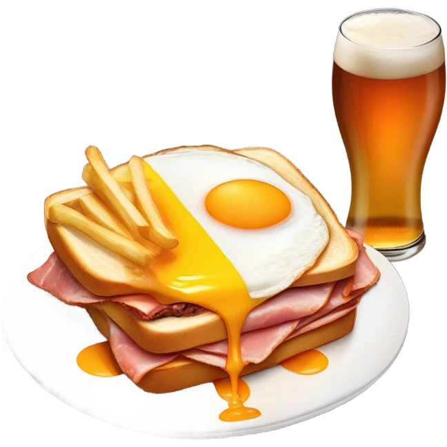 Francesinha sandwich from Porto, Portugal: two thick bread slices with ham, linguiça, and steak inside, covered in melted cheese, topped with a fried egg, and surrounded by rich orange beer sauce on a plate with fries. emoji