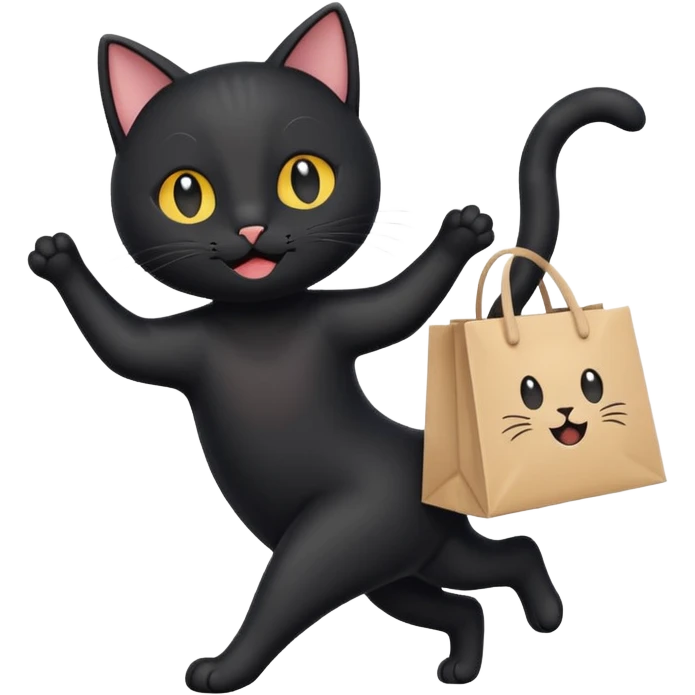 A cute black cat standing on two legs, happily running while holding a shopping bag. Minimalist emoji style, clean vector look, soft colors, rounded shapes, and expressive face emoji