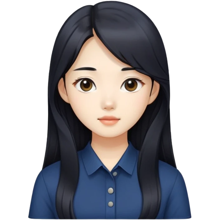 beautician, pretty korean girl with black long hair wearing navy shirts, long face emoji
