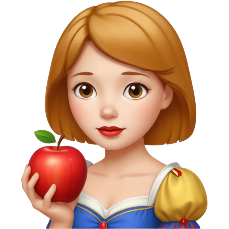 Create an emoji of Snow White holding a red apple, with short golden-brown hair. emoji