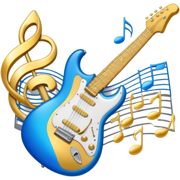 Create an elegant and dynamic emoji that represents music arrangement and orchestration. The design should feature musical notes, a synthesizer, drums, and an electric guitar, symbolizing the diverse instruments used in arranging and orchestrating music. Incorporate flowing lines to represent harmony and rhythm, with a subtle representation of sheet music. Use a combination of vibrant and classic colors like electric blue, gold, and silver, blending the electronic and traditional aspects of arrangement. The background should be transparent. emoji