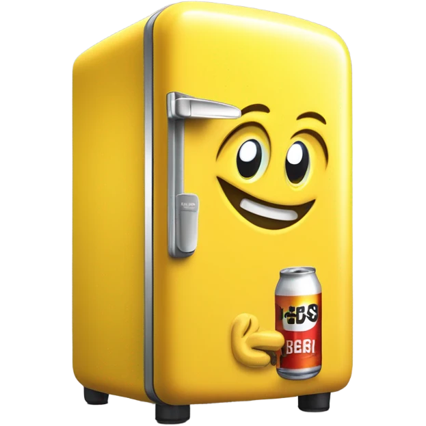 A 3D yellow mini fridge in emoji style, inspired by the sleek design of a Smeg fridge. The fridge door is slightly open, revealing a few beer cans inside. Add only two eyes on the fridge door for a mascot-like touch. Clean and minimalistic aesthetic. emoji