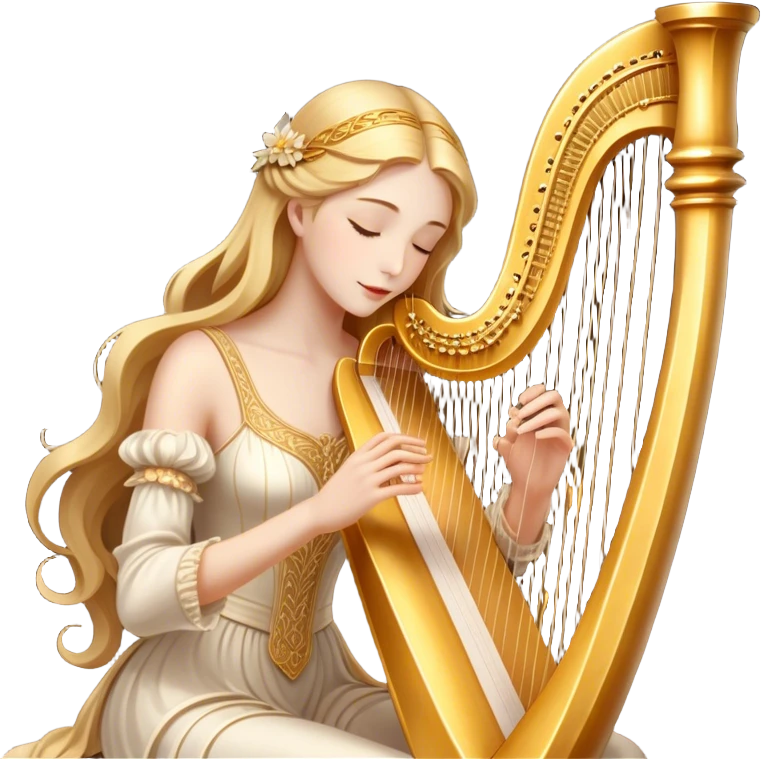 Cinematic Realistic Harp, a grand golden harp with intricately carved details, delicate strings shimmering under soft candlelight, rich wood tones adding warmth, a musician’s gentle fingers plucking a note, glowing with an ethereal and majestic aura. emoji