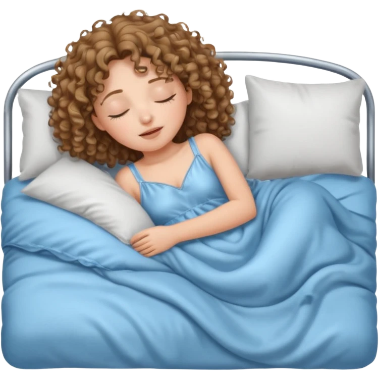 یه دختر مو فرفری با موهای موج دار که یه لباس خواب  کرومی تنشه و خوابیده تو تختش و داره خروپوف میکنه emoji