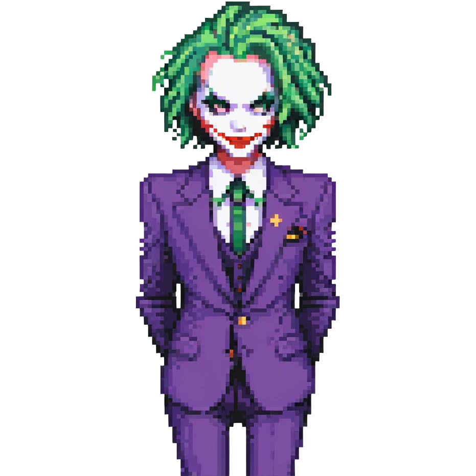 The Joker villain full body with green hair, purple suit, white face, red lips emoji