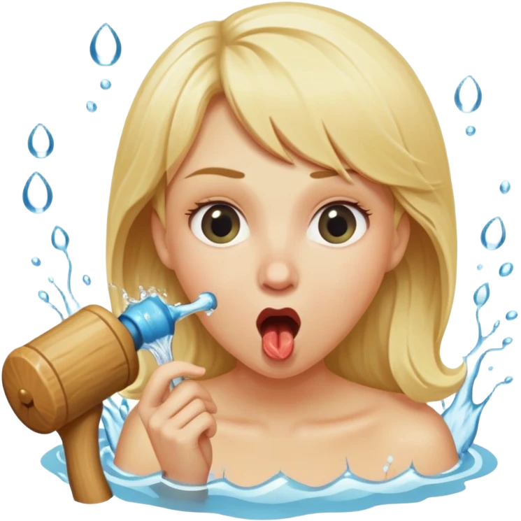 blond woman eating a wide stick with a half-round knob shaped like the letter D, both stick and knob same color as her skin, knob with visible skin texture, water stream squirting from flat side of knob into her open mouth, surprised expression emoji