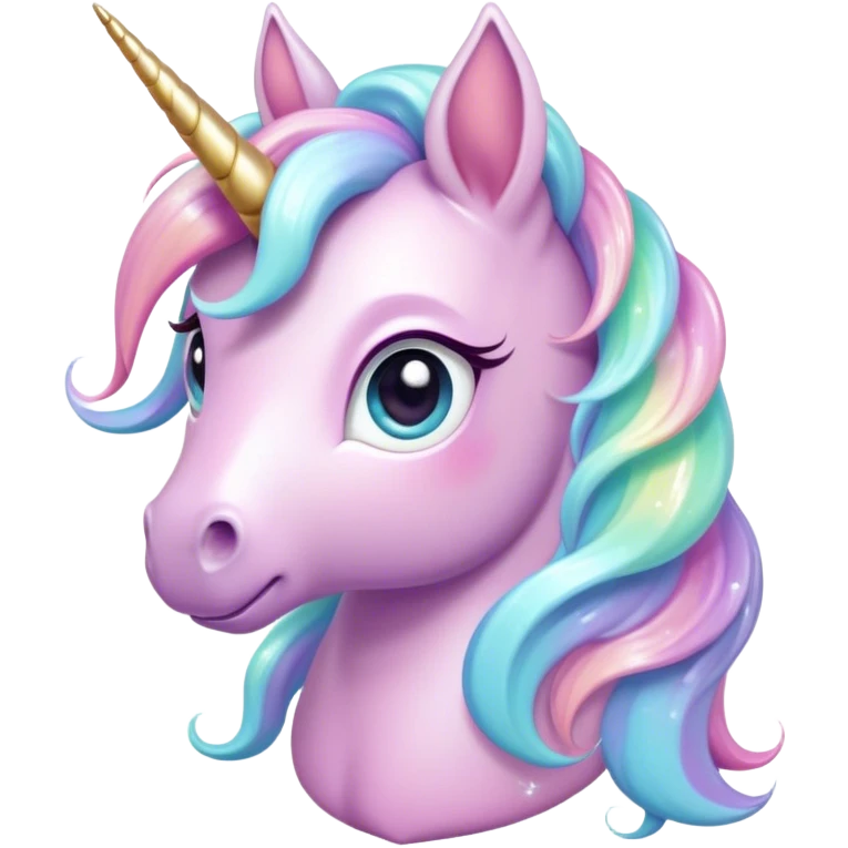 Cinematic pastel-colored unicorn, flowing iridescent mane, big sparkling eyes, tiny rounded hooves, soft chubby cheeks, delicate magical glow surrounding, enchanting and dreamy. emoji