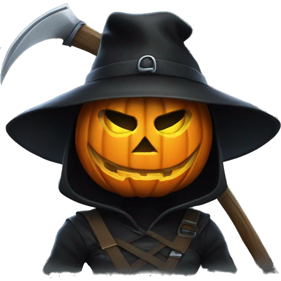 Human female pumpkin hunter with a scythe, glowing pumpkin eyes inside a black helmet, Halloween theme, emoji emoji