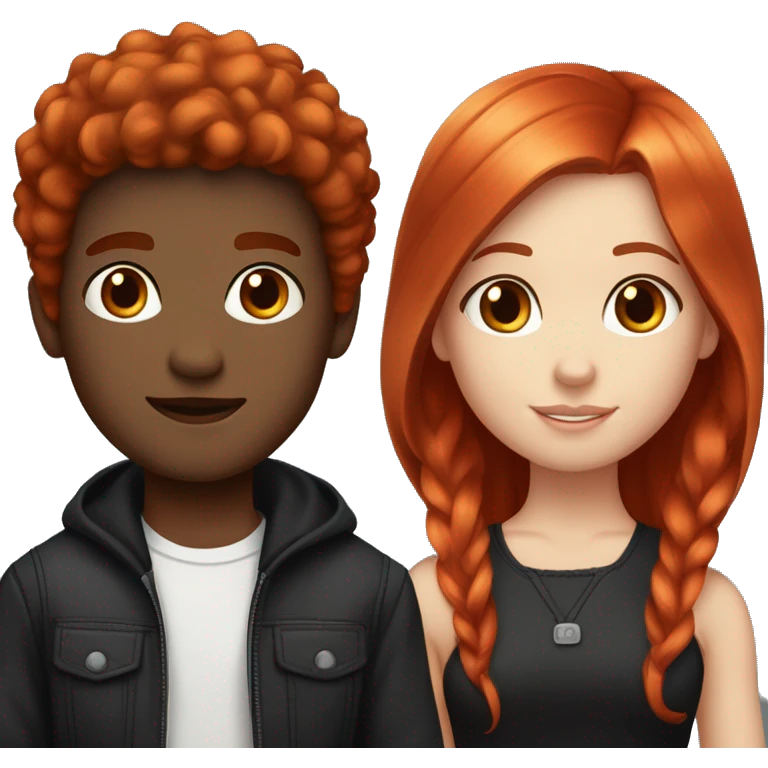"A fair-skinned girl with vibrant red hair and a fair-skinned boy with jet-black hair. Both have distinct, striking features that highlight their white complexion and contrasting hair colors." emoji