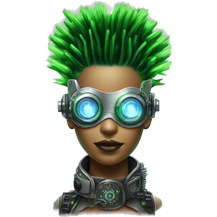 Neon green Mohawk hair female cyborg head with silver steampunk goggles and circuits emoji