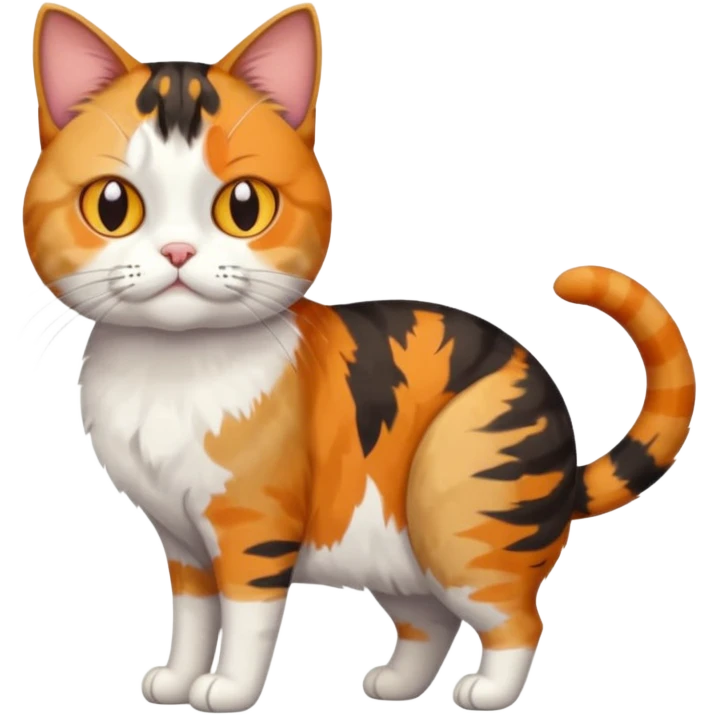 full body colourful calico tabby cat with skinny head and fat body with an anxious face emoji