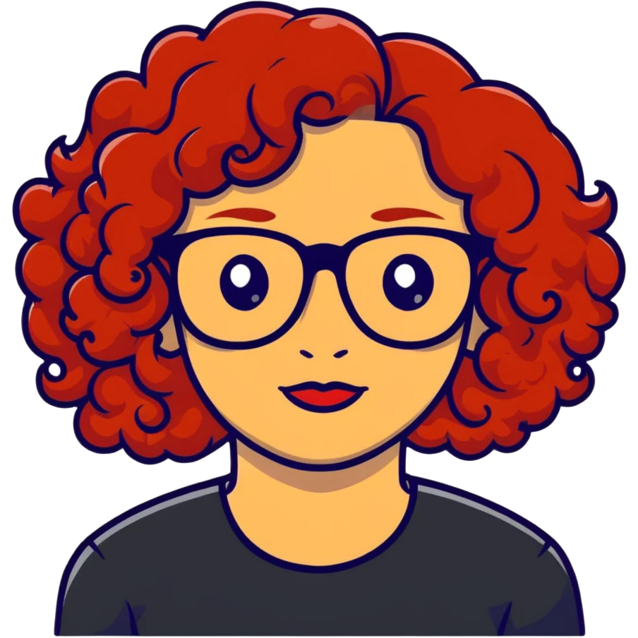 red-haired woman with curly hair, glasses emoji