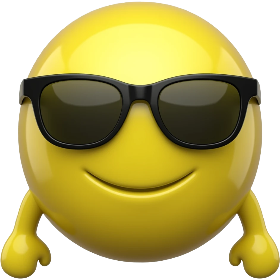 Emoji de cara redonda amarilla con gafas de sol oscuras patillas de anteojos normales, la luz se refleja en su superficie, el fondo de cuadrícula permanece estático. que el fondo sea negro emoji
