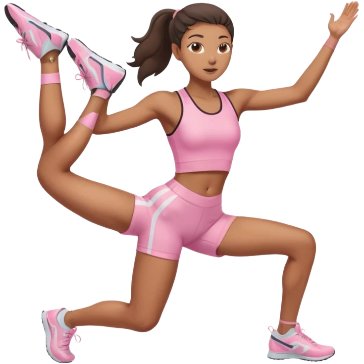 Mixed-race athletic woman with bronzed skin, slim thick, wearing pastel pink cycling shorts, stretching hamstrings emoji