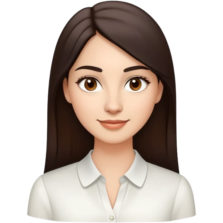 Young woman in her 30s with light skin, oval face, soft features, large dark brown eyes, medium eyebrows, small nose, friendly smile, long straight dark brown hair, wearing a white elegant blouse emoji